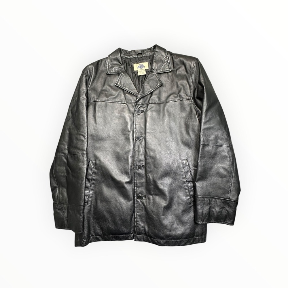 Shaver Lake Leather Jacket Mens L Black Button Front Mid Length Quilted Lining